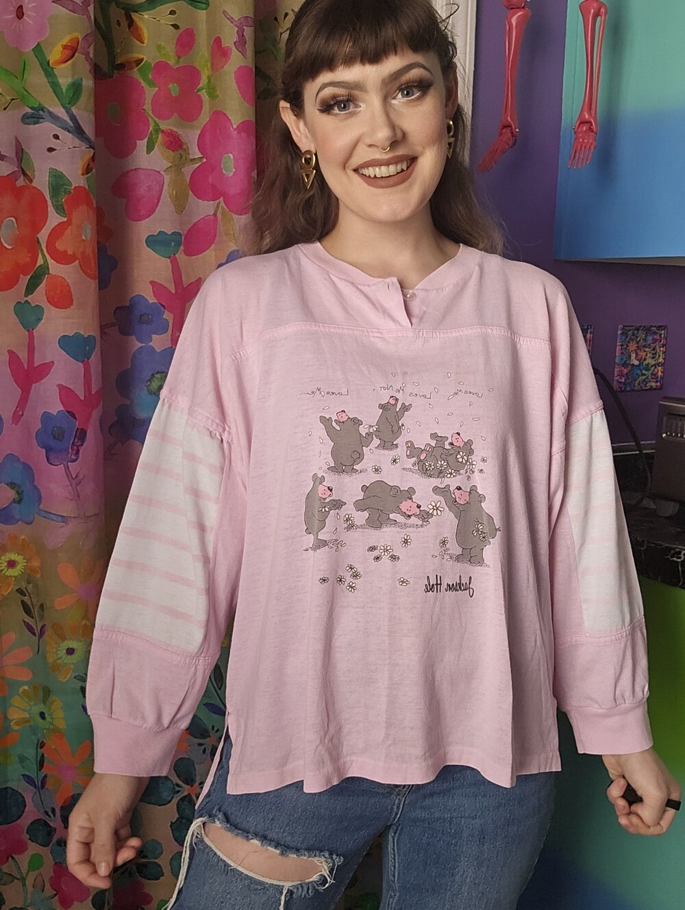 Pastel Pink 80's VTG Jackson Hole Bear Loves Me Not Single Stitch Pajama Top
